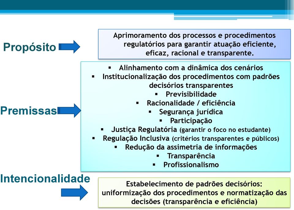 Racionalidade / eficiência Segurança jurídica Participação Justiça Regulatória (garantir o foco no estudante) Regulação Inclusiva (critérios transparentes e