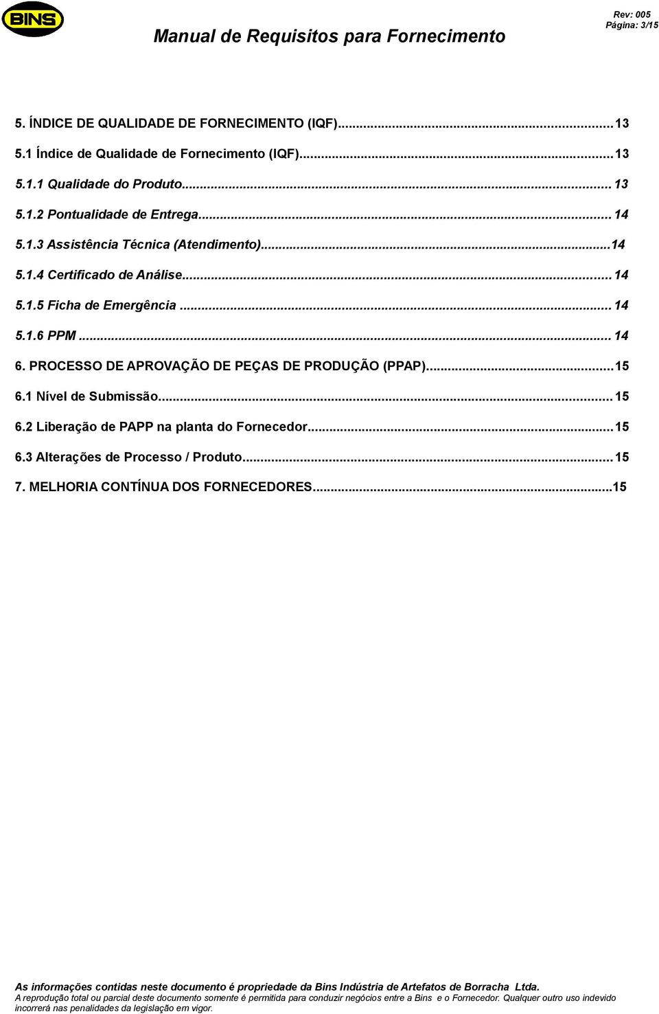 .. 14 5.1.6 PPM... 14 6. PROCESSO DE APROVAÇÃO DE PEÇAS DE PRODUÇÃO (PPAP)...15 6.1 Nível de Submissão... 15 6.