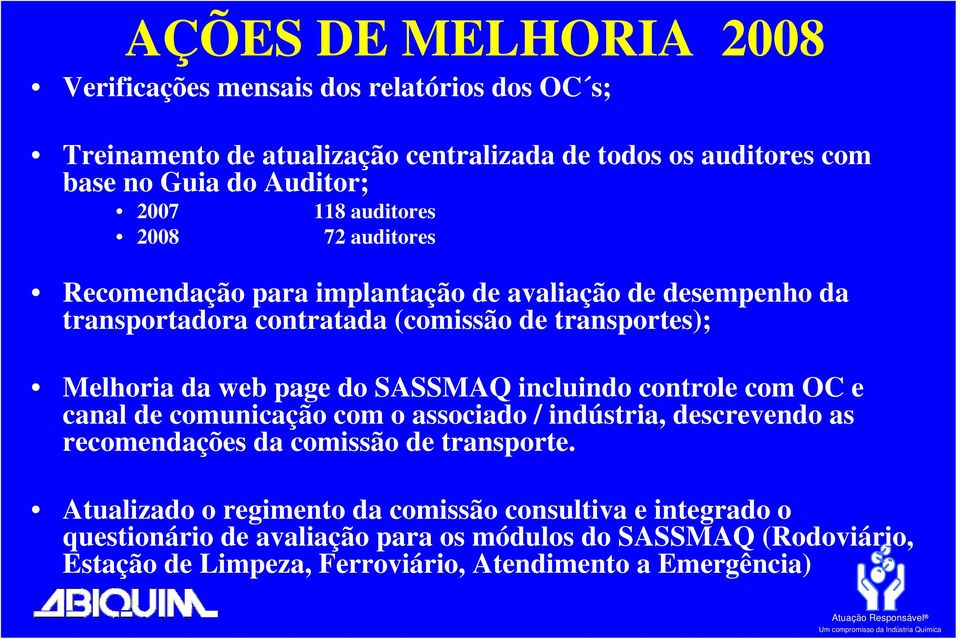 page do SASSMAQ incluindo controle com OC e canal de comunicação com o associado / indústria, descrevendo as recomendações da comissão de transporte.