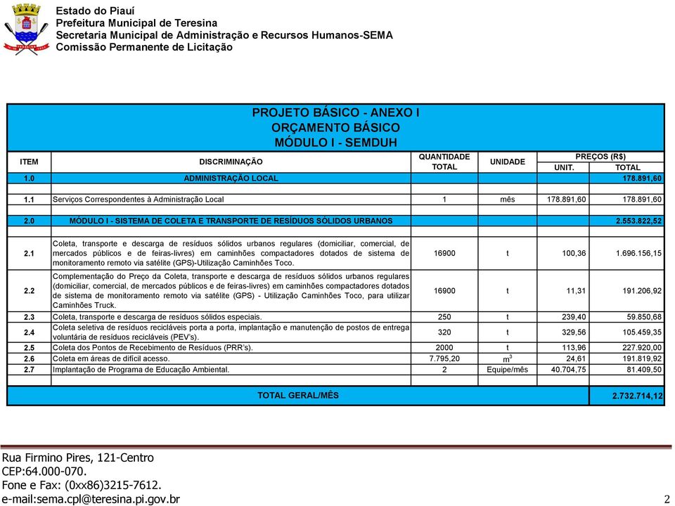 2 Coleta, transporte e descarga de resíduos sólidos urbanos regulares (domiciliar, comercial, de mercados públicos e de feiras-livres) em caminhões compactadores dotados de sistema de monitoramento