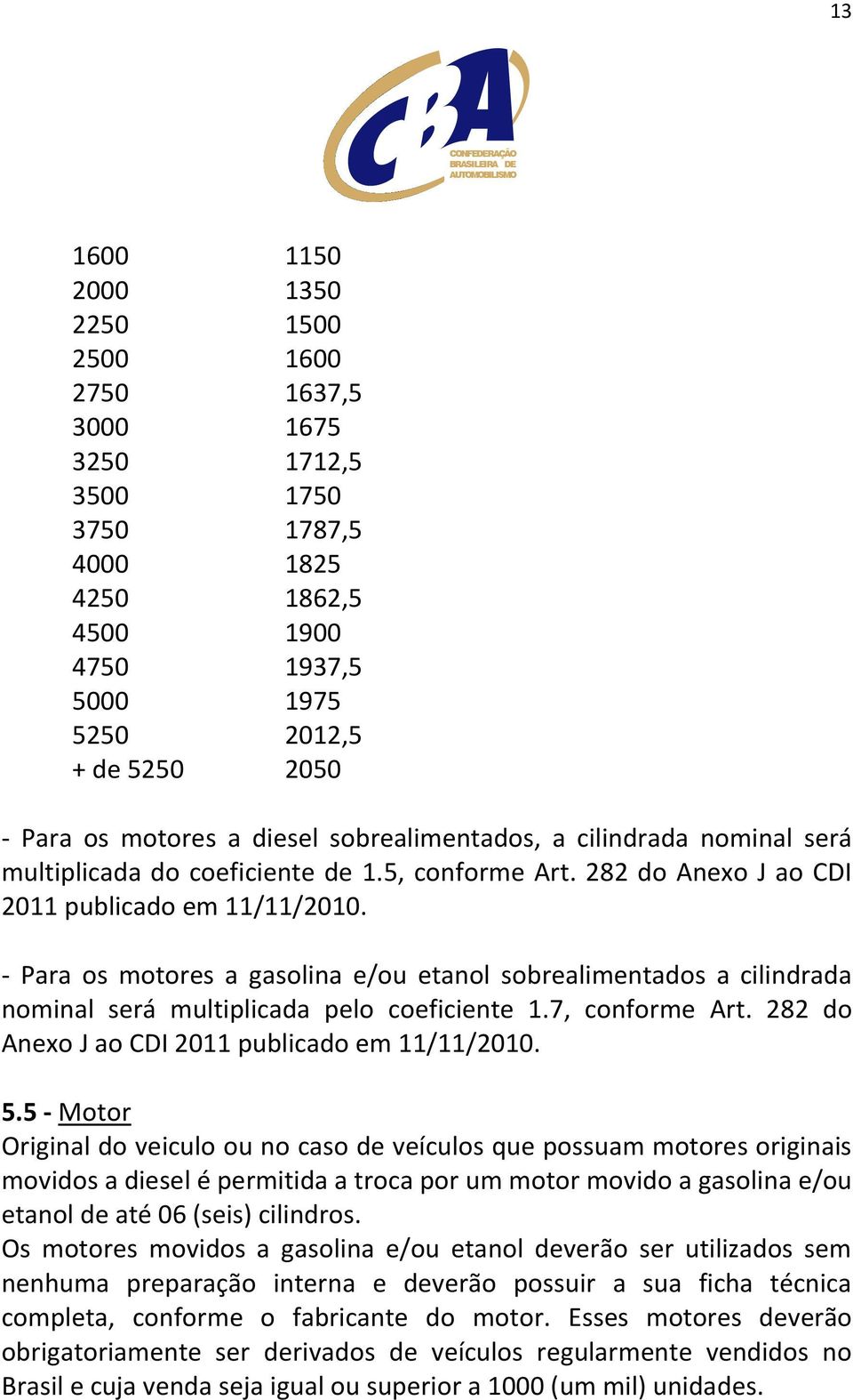 - Para os motores a gasolina e/ou etanol sobrealimentados a cilindrada nominal será multiplicada pelo coeficiente 1.7, conforme Art. 282 do Anexo J ao CDI 2011 publicado em 11/11/2010. 5.