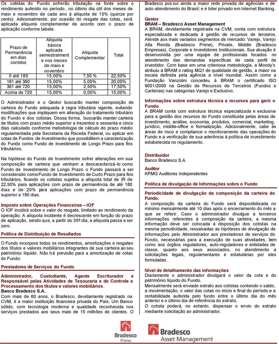 aplicada semestralment e nos meses de maio e novembro Alíquota Complementar Total 0 até 180 15,00% 7,50 % 22,50% 181 até 360 15,00% 5,00% 20,00% 361 até 720 15,00% 2,50% 17,50% Acima de 720 15,00%