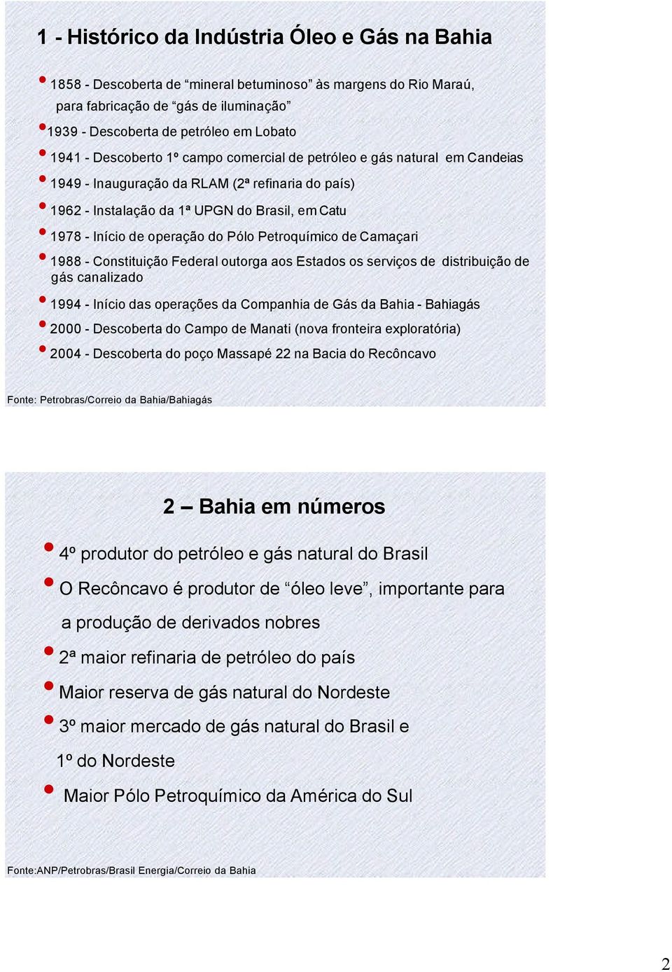 Petroquímico de Camaçari 1988 - Constituição Federal outorga aos Estados os serviços de distribuição de gás canalizado 1994 - Início das operações da Companhia de Gás da Bahia - Bahiagás 2000 -