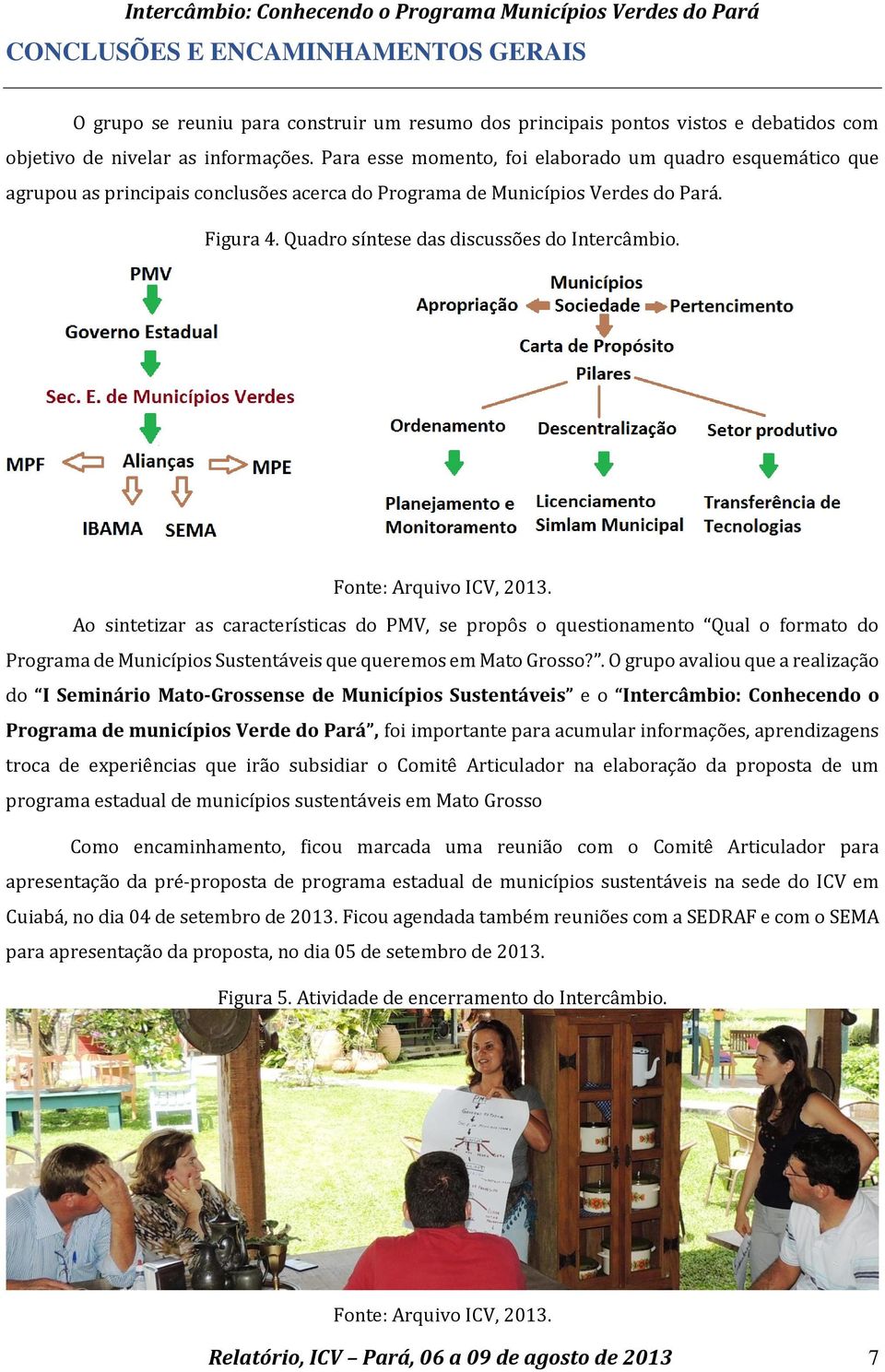 Fonte: Arquivo ICV, 2013. Ao sintetizar as características do PMV, se propôs o questionamento Qual o formato do Programa de Municípios Sustentáveis que queremos em Mato Grosso?