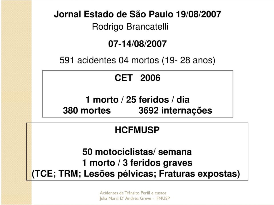 HCFMUSP 50 motociclistas/ semana 1 morto / 3 feridos graves (TCE; TRM; Lesões pélvicas;