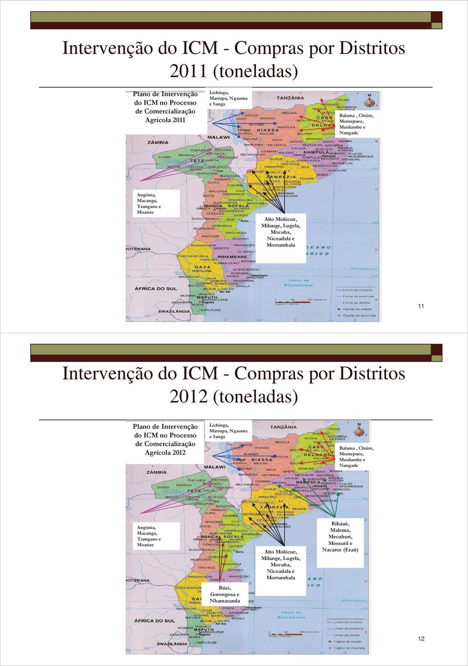 Distritos 2012 (toneladas) Plano de Intervenção do ICM no Processo de Comercialização Agrícola 2012 Lichinga, Marrupa, Ngauma e Sanga Balama, Chiúre, Montepuez, Muidumbe e