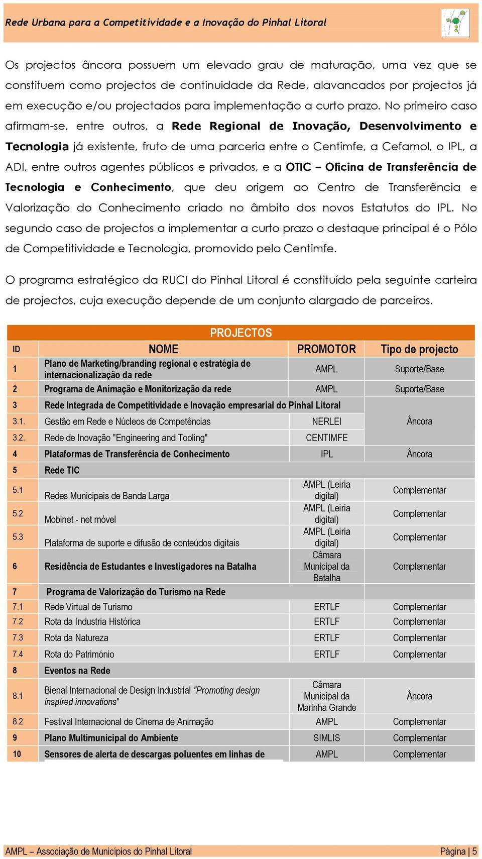 No primeiro caso afirmam-se, entre outros, a Rede Regional de Inovação, Desenvolvimento e Tecnologia já existente, fruto de uma parceria entre o Centimfe, a Cefamol, o IPL, a ADI, entre outros