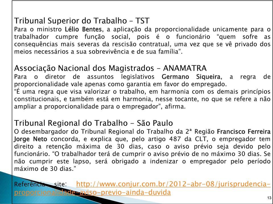 Associação Nacional dos Magistrados ANAMATRA Para o diretor de assuntos legislativos Germano Siqueira, a regra de proporcionalidade vale apenas como garantia em favor do empregado.