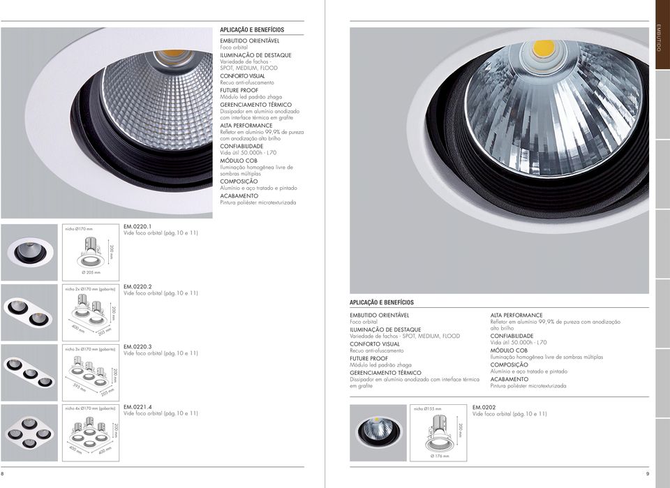 000h - L 70 MÓDULO COB Iluinação hoogênea livre de sobras últiplas Aluínio e aço tratado e pintado EMBUTIDO nicho Ø170 EM.0220.1 Vide foco orbital (pág.