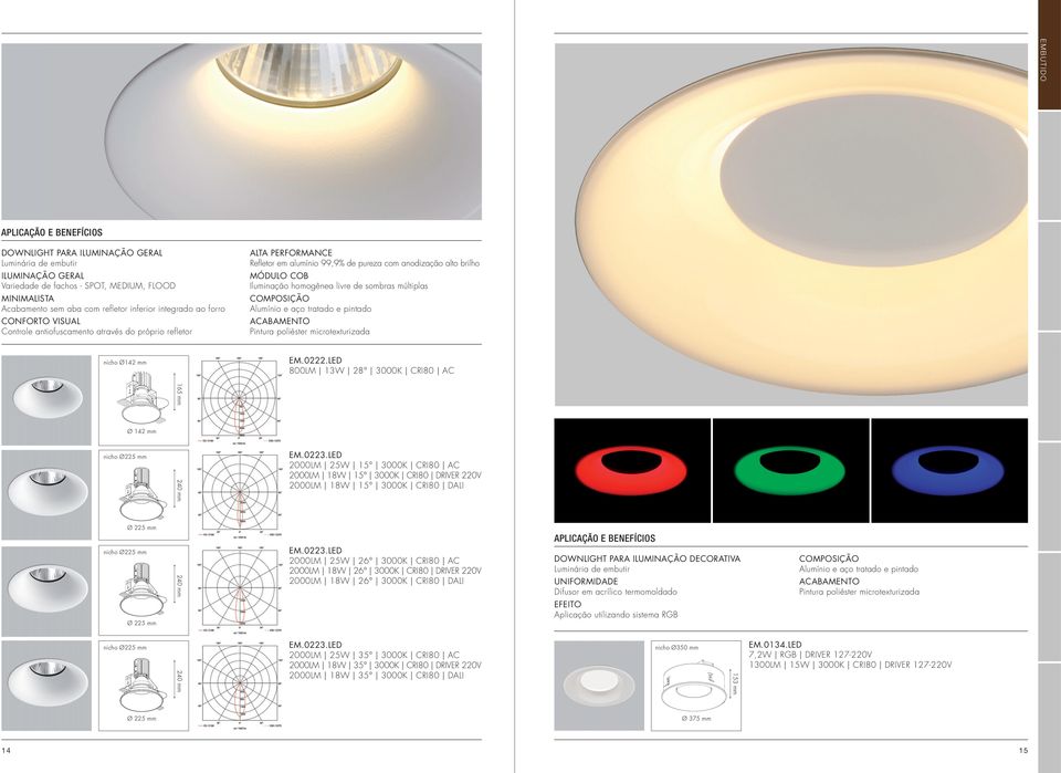 e aço tratado e pintado nicho Ø142 EM.0222.LED 800LM 13W 28 3000K CRI80 AC Ø 142 nicho Ø225 Ø 225 nicho Ø225 Ø 225 nicho Ø225 165 240 240 240 EM.0223.