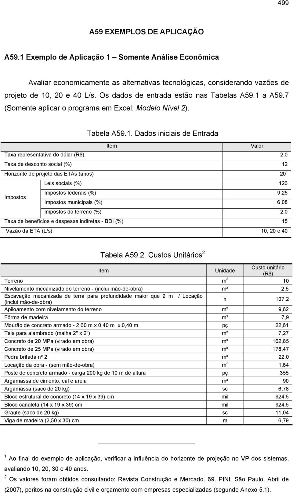 a A59.7 (Somente aplicar o programa em Excel: Modelo Nível 2). Tabela A59.1.