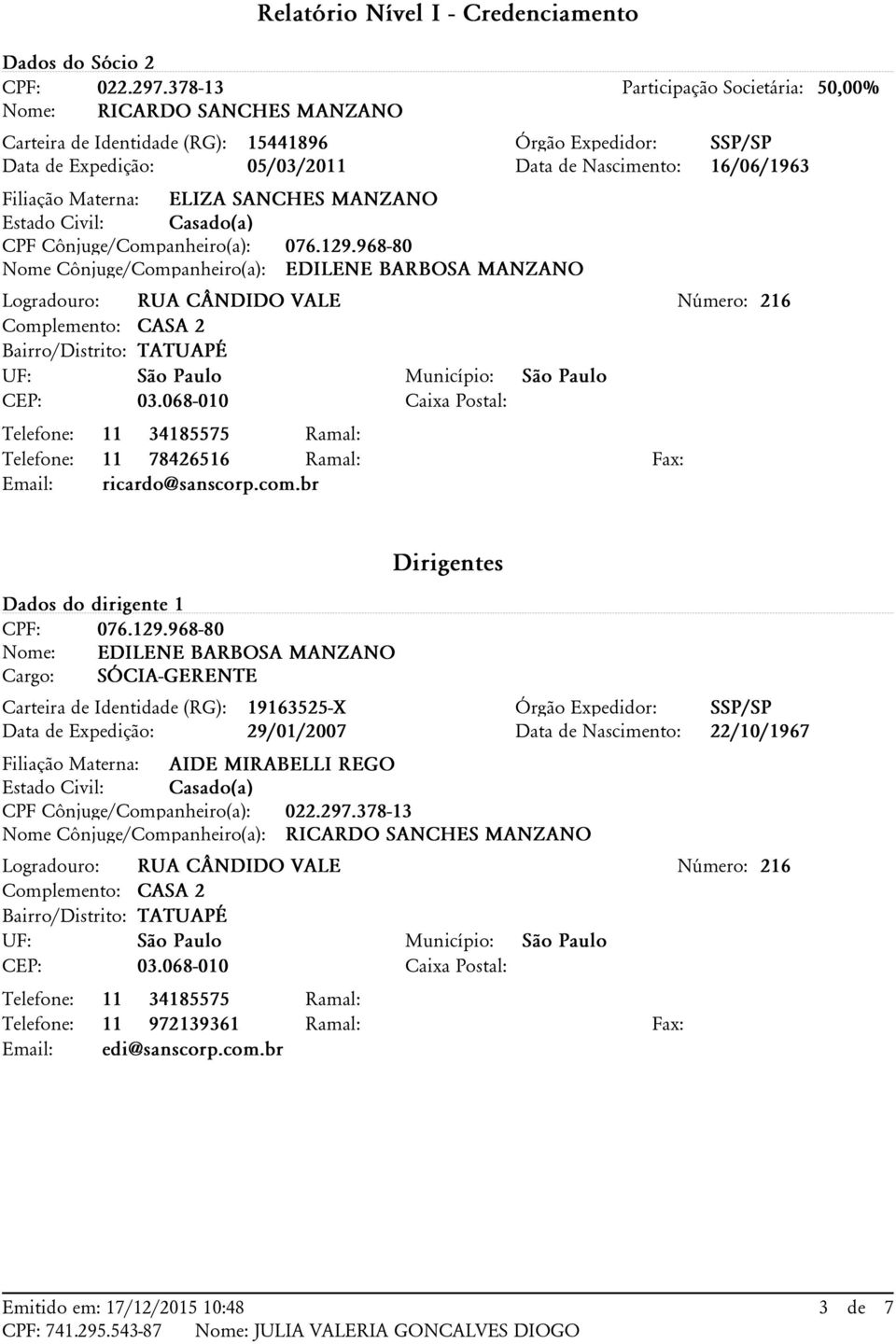 CPF Cônjuge/Companheiro(a): 076.129.968-80 Nome Cônjuge/Companheiro(a): EDILENE BARBOSA MANZANO Participação Societária: 50,00% Telefone: 11 78426516 Ramal: Fax: Email: ricardo@sanscorp.com.