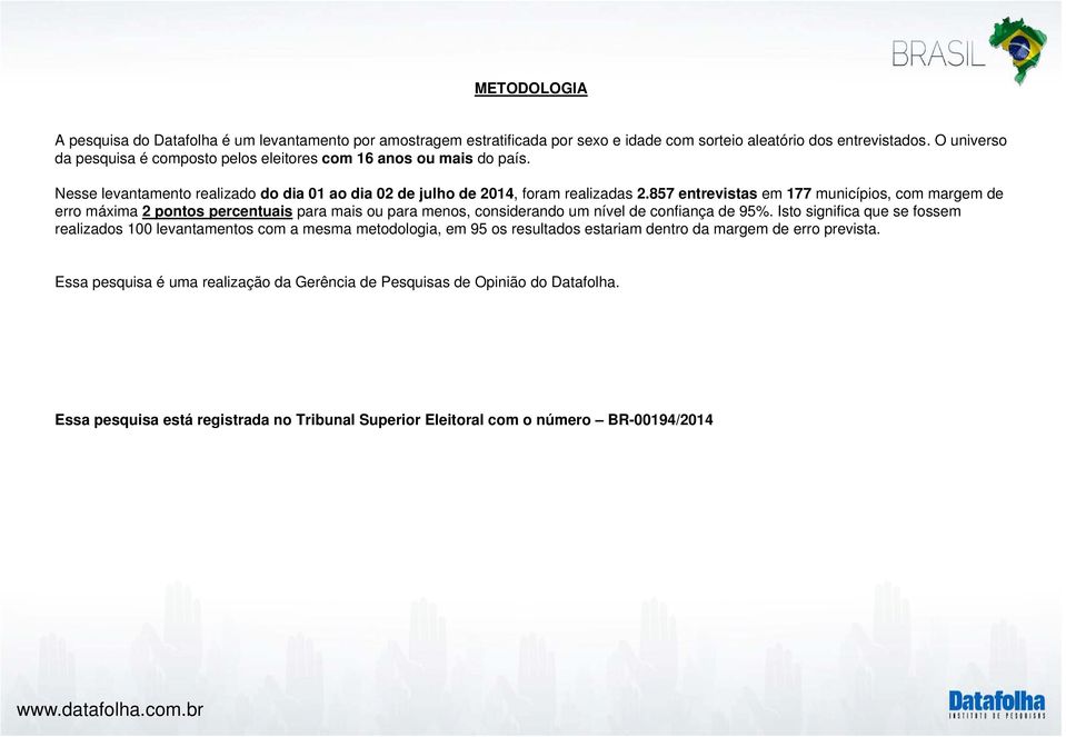 857 entrevistas em 177 municípios, com margem de erro máxima 2 pontos percentuais para mais ou para menos, considerando um nível de confiança de 95%.