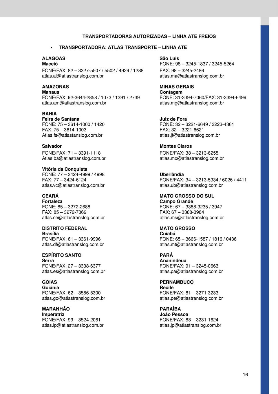 am@atlastranslog.com.br atlas.mg@atlastranslog.com.br BAHIA Feira de Santana Juiz de Fora FONE: 75 3614-1000 / 1420 FONE: 32 3221-6649 / 3223-4361 FAX: 75 3614-1003 FAX: 32 3221-6621 Atlas.