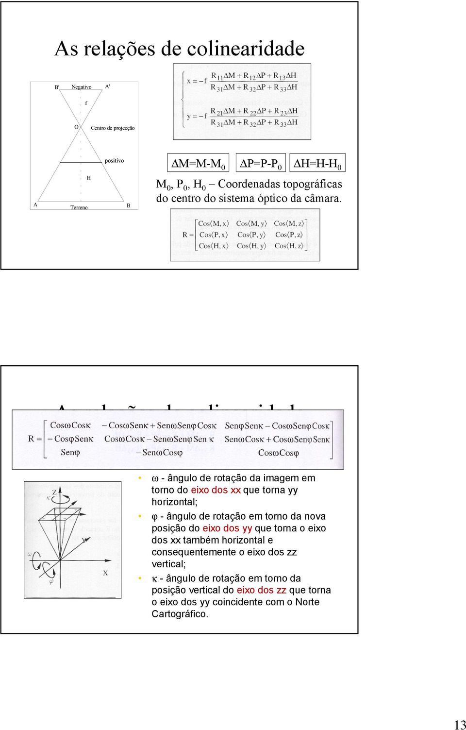 As relações de colinearidade ω - ângulo de rotação da imagem em torno do eixo dos xx que torna yy horizontal; ϕ - ângulo de rotação em torno da