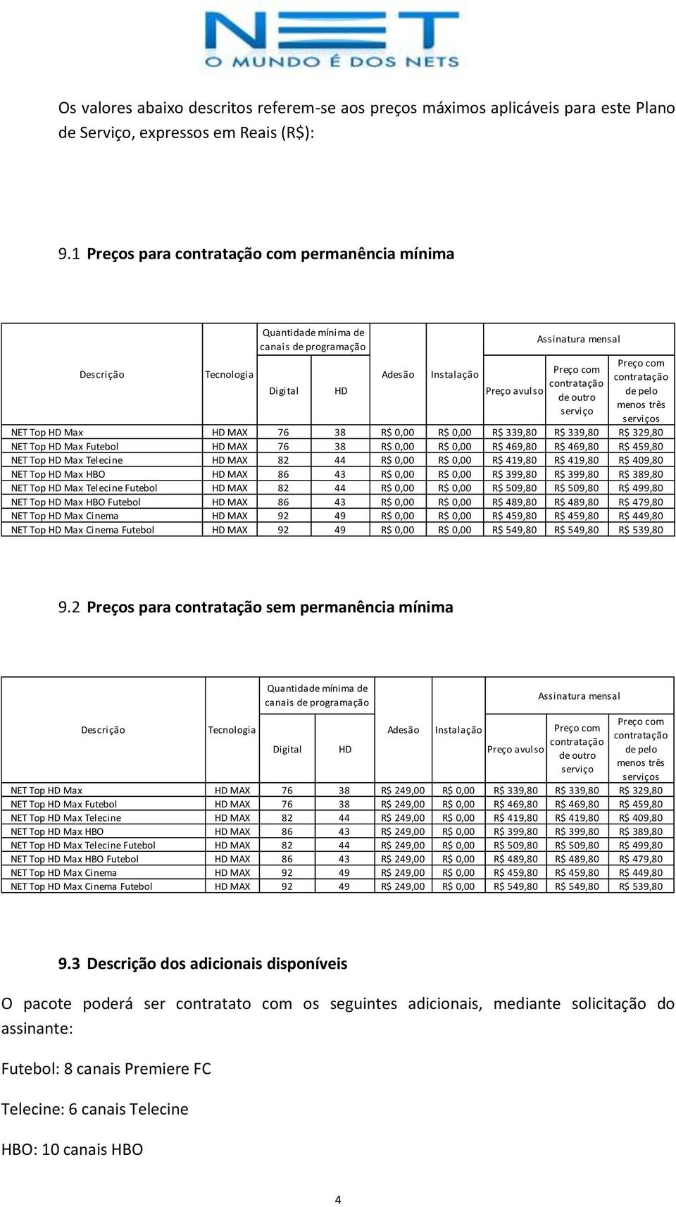 R$ 0,00 R$ 0,00 R$ 339,80 R$ 339,80 R$ 329,80 NET Top HD Max Futebol HD MAX 76 38 R$ 0,00 R$ 0,00 R$ 469,80 R$ 469,80 R$ 459,80 NET Top HD Max Telecine HD MAX 82 44 R$ 0,00 R$ 0,00 R$ 419,80 R$