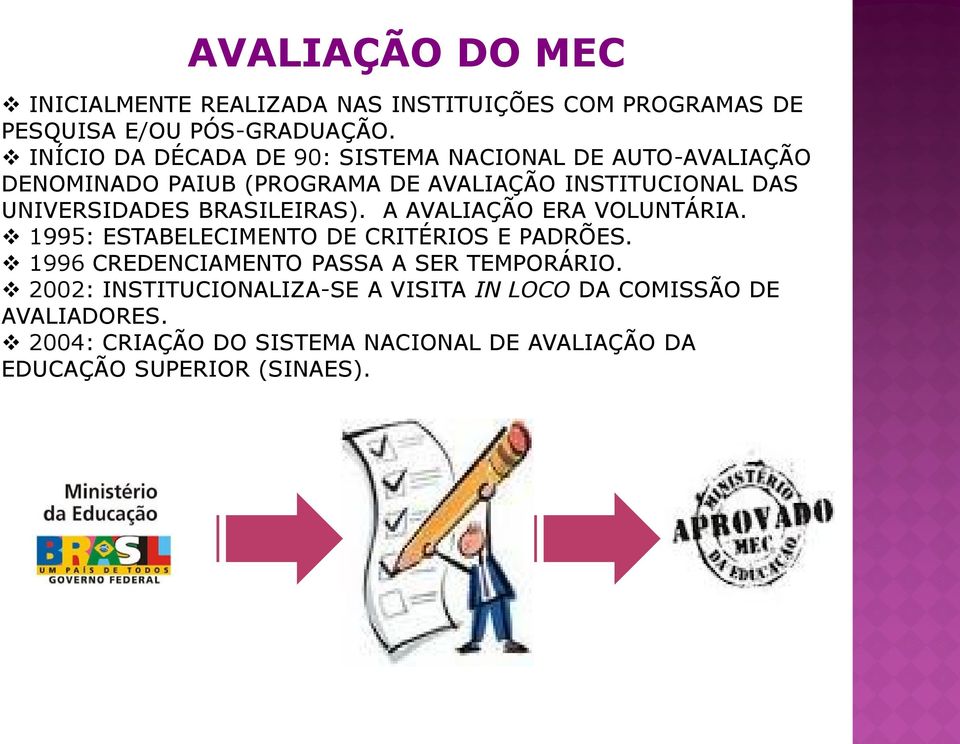 UNIVERSIDADES BRASILEIRAS). A AVALIAÇÃO ERA VOLUNTÁRIA. 1995: ESTABELECIMENTO DE CRITÉRIOS E PADRÕES.