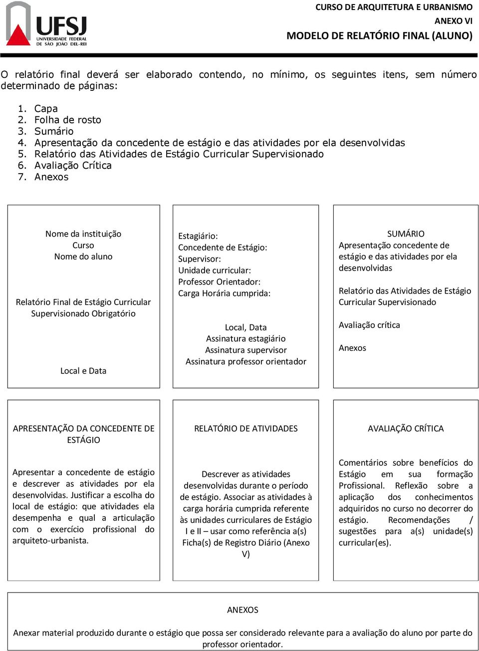 Capa Folha de rosto Sumário Apresentação da concedente de estágio e das atividades por ela desenvolvidas Relatório das Atividades de Estágio Curricular Supervisionado Avaliação Crítica Anexos Nome da