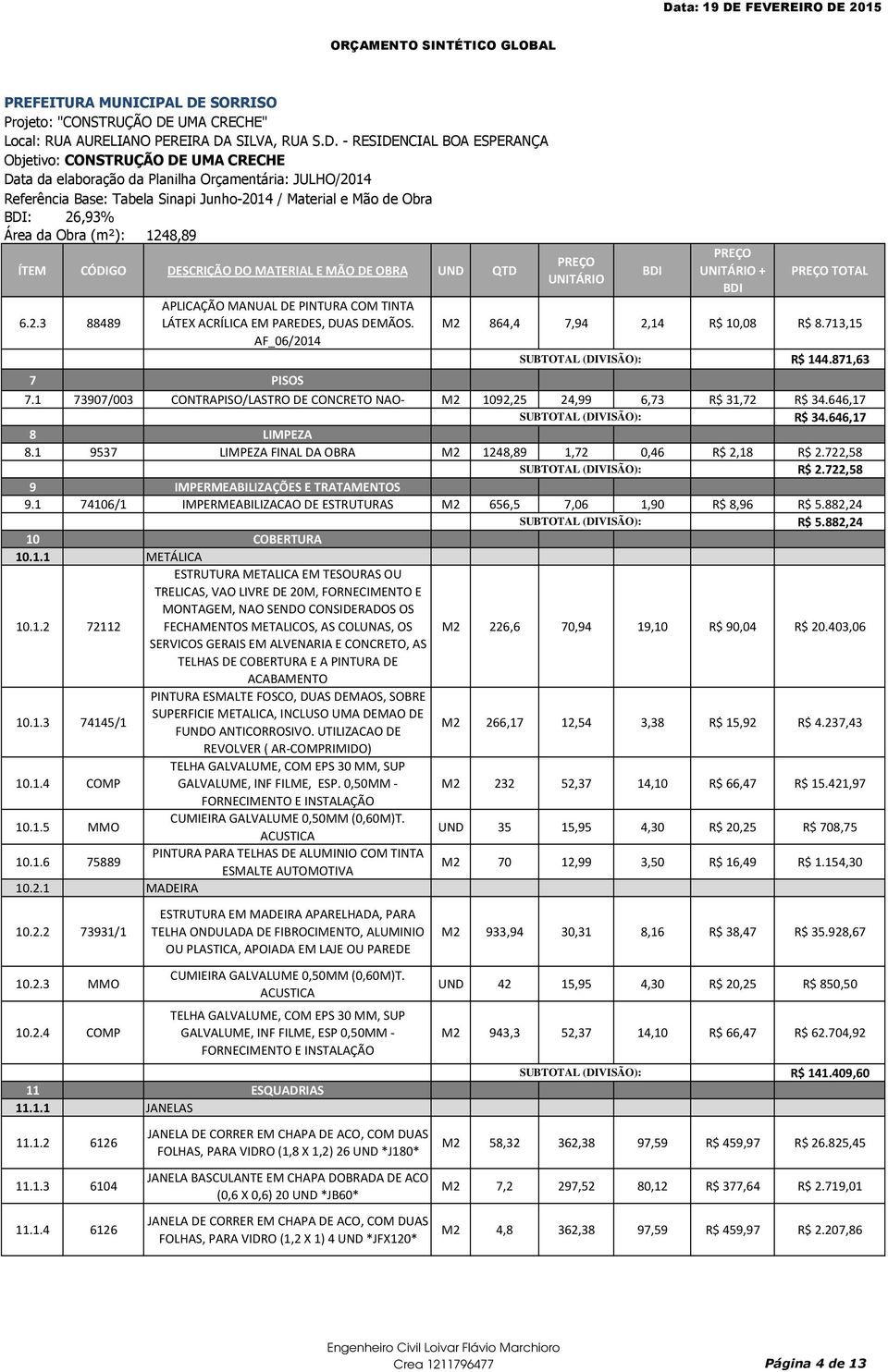 1 9537 LIMPEZA FINAL DA OBRA M2 1248,89 1,72 0,46 R$ 2,18 R$ 2.722,58 R$ 2.722,58 9 IMPERMEABILIZAÇÕES E TRATAMENTOS 9.1 74106/1 IMPERMEABILIZACAO DE ESTRUTURAS M2 656,5 7,06 1,90 R$ 8,96 R$ 5.