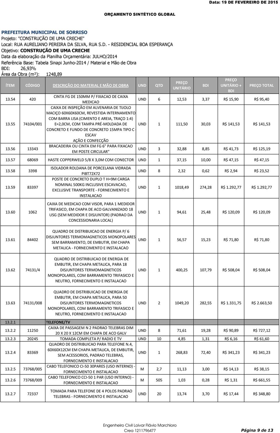 R$ 141,53 CONCRETO E FO DE CONCRETO 15MPA TIPO C - ESCAV AÇÃO E CONFECÇÃO 13.56 13343 BRACADEIRA OU CINTA EM FG 6" PARA FIXACAO EM POSTE CIRCULAR" 3 32,88 8,85 R$ 41,73 R$ 125,19 13.