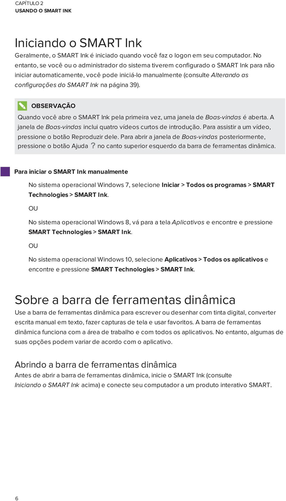 na página 39). Quando você abre o SMART Ink pela primeira vez, uma janela de Boas-vindas é aberta. A janela de Boas-vindas inclui quatro vídeos curtos de introdução.