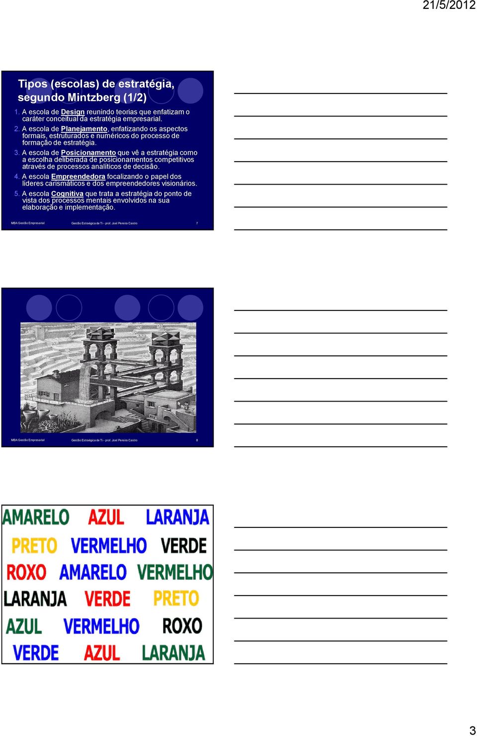 A escola de Posicionamento que vê a estratégia como a escolha deliberada de posicionamentos competitivos através de processos analíticos de decisão. 4.