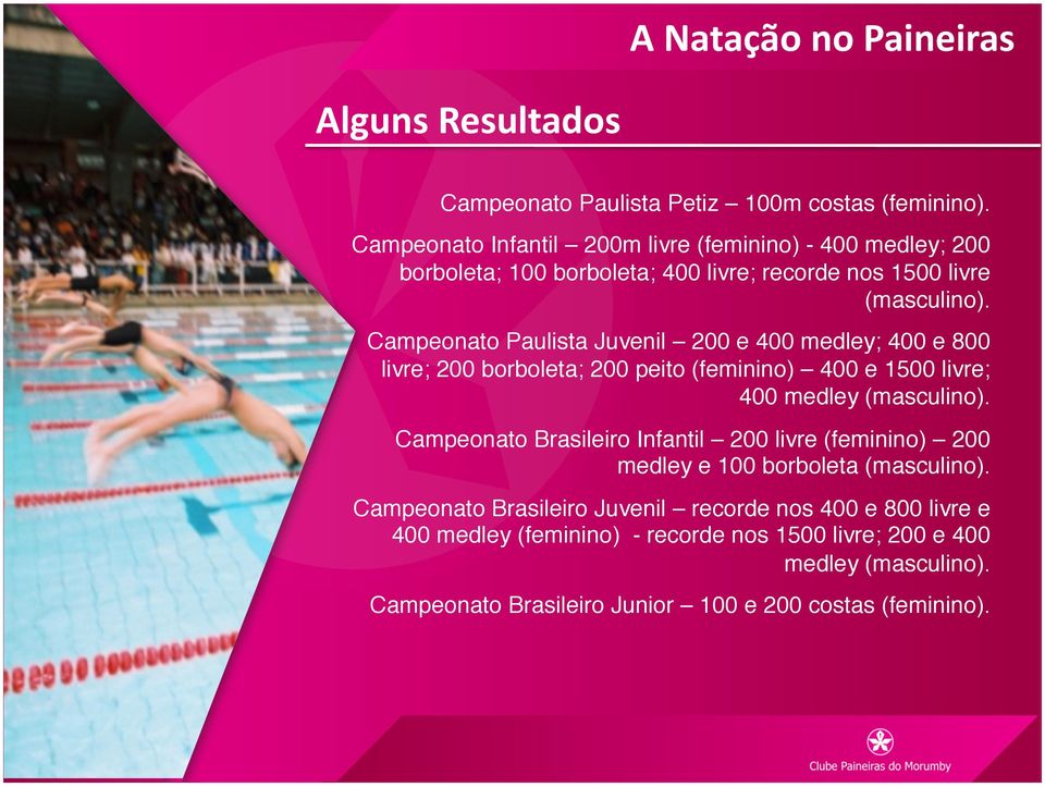 ! Campeonato Paulista Juvenil 200 e 400 medley; 400 e 800 livre; 200 borboleta; 200 peito (feminino) 400 e 1500 livre; 400 medley (masculino).