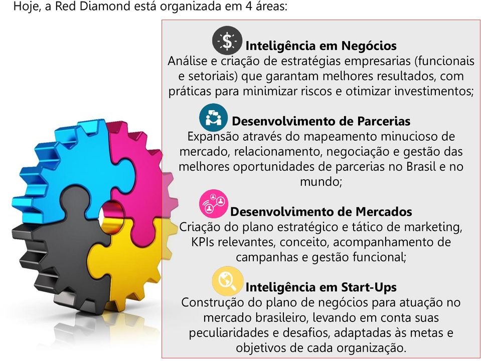 oportunidades de parcerias no Brasil e no mundo; Desenvolvimento de Mercados Criação do plano estratégico e tático de marketing, KPIs relevantes, conceito, acompanhamento de campanhas e