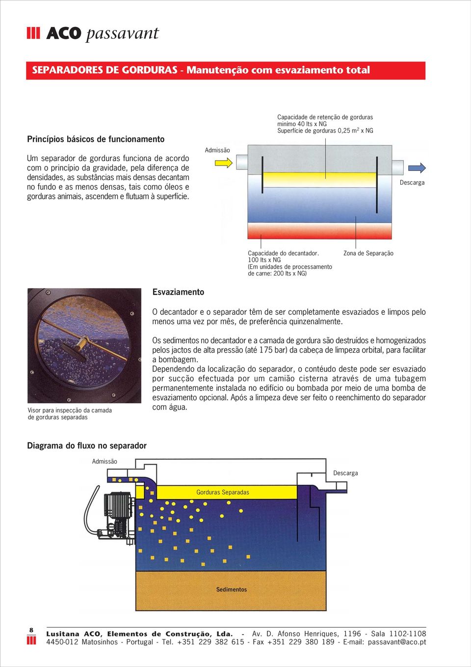 Admissão Capacidade de retenção de gorduras minímo 40 lts x NG Superfície de gorduras 0,25 m 2 x NG Descarga Capacidade do decantador.