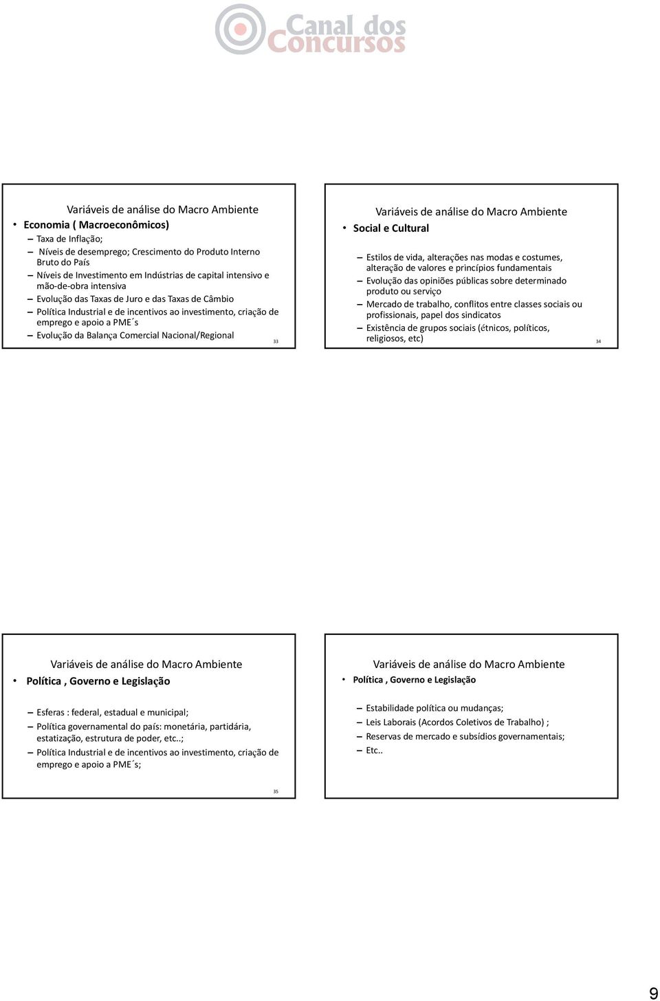 Comercial Nacional/Regional 33 Variáveis de análise do Macro Ambiente Social e Cultural Estilos de vida, alterações nas modas e costumes, alteração de valores e princípios fundamentais Evolução das