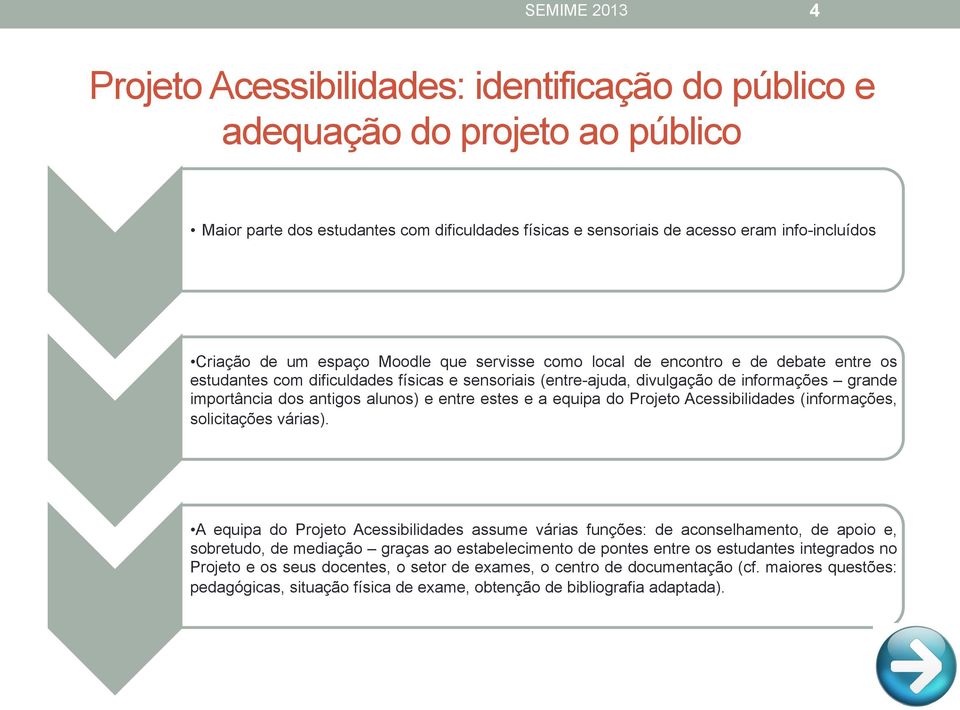 antigos alunos) e entre estes e a equipa do Projeto Acessibilidades (informações, solicitações várias).