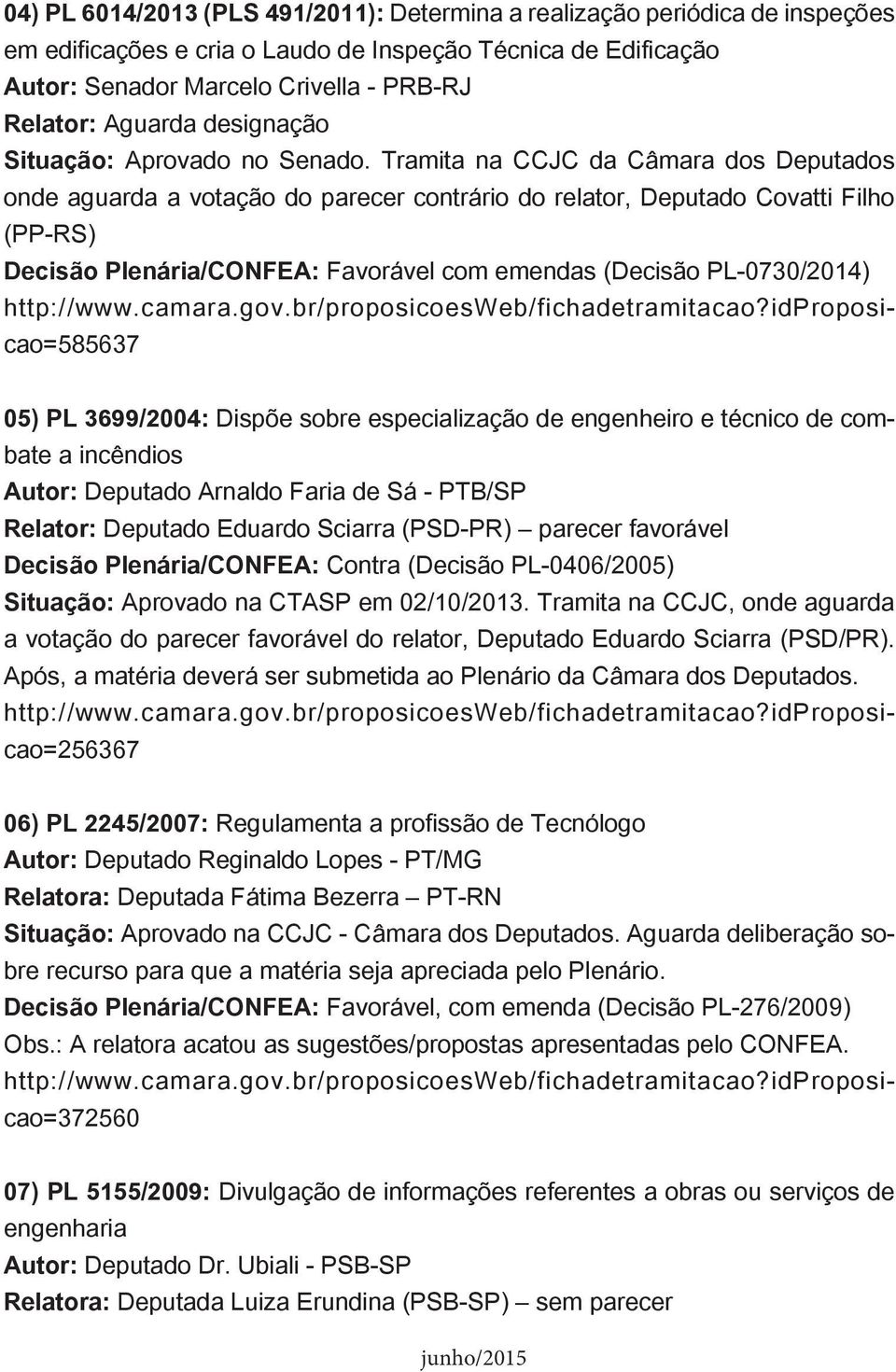 Tramita na CCJC da Câmara dos Deputados onde aguarda a votação do parecer contrário do relator, Deputado Covatti Filho (PP-RS) Decisão Plenária/CONFEA: Favorável com emendas (Decisão PL-0730/2014)