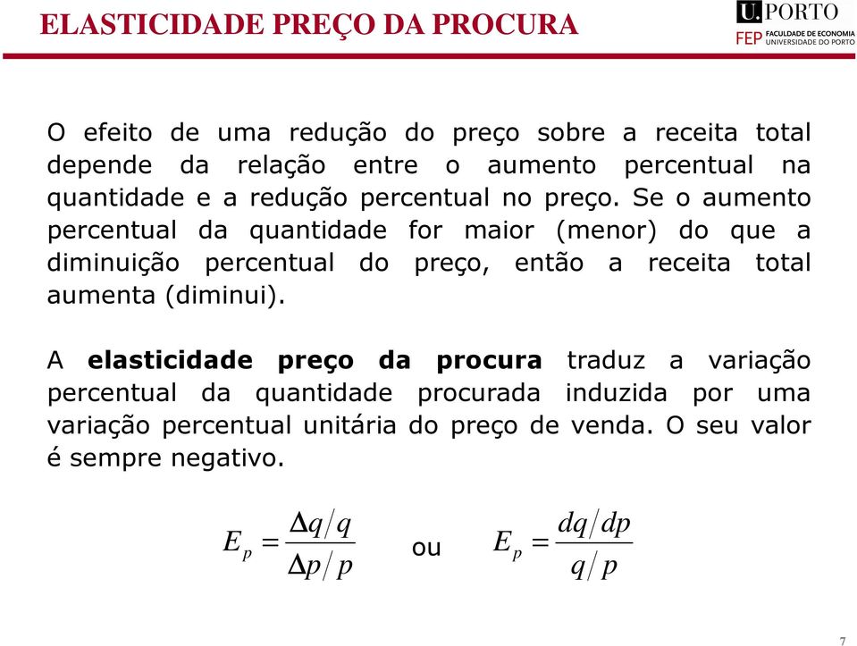 Se o aumento ercentual da uantidade for maior (menor) do ue a diminuição ercentual do reço, então a receita total aumenta