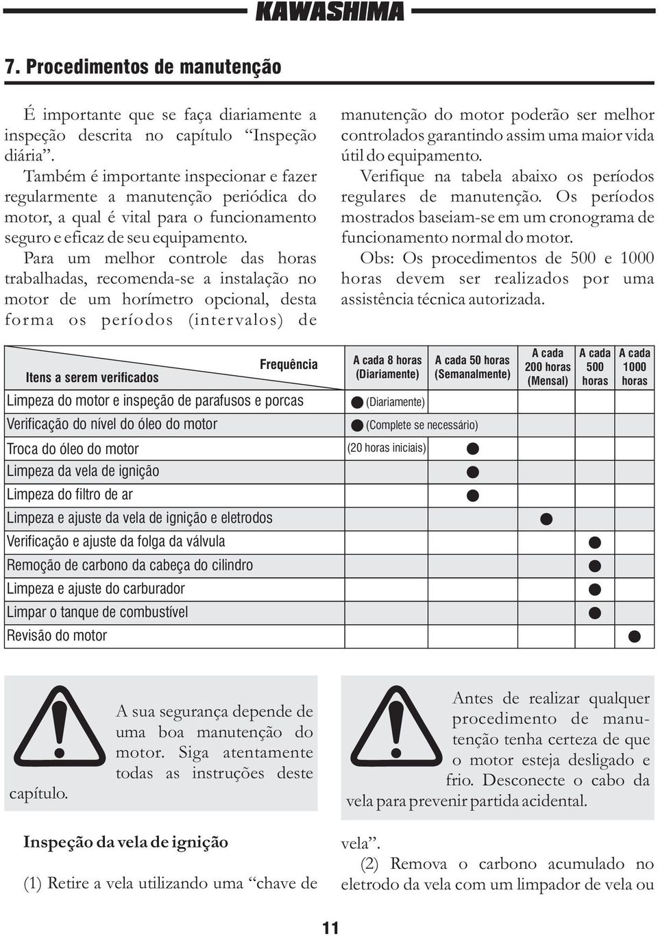 Para um melhor controle das horas trabalhadas, recomenda-se a instalação no motor de um horímetro opcional, desta forma os períodos (intervalos) de manutenção do motor poderão ser melhor controlados