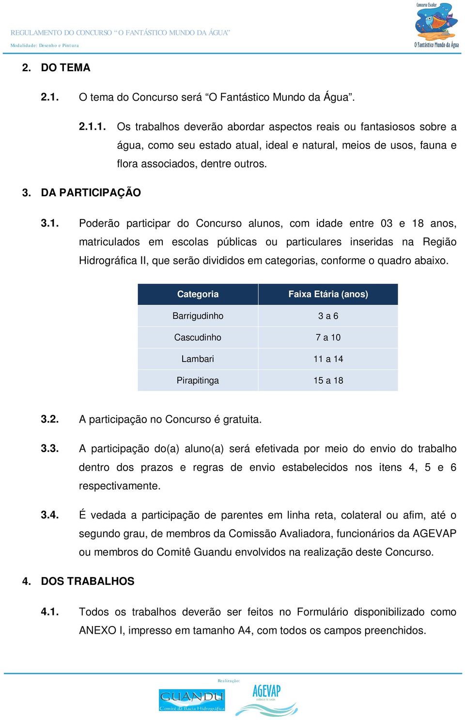 Poderão participar do Concurso alunos, com idade entre 03 e 18 anos, matriculados em escolas públicas ou particulares inseridas na Região Hidrográfica II, que serão divididos em categorias, conforme