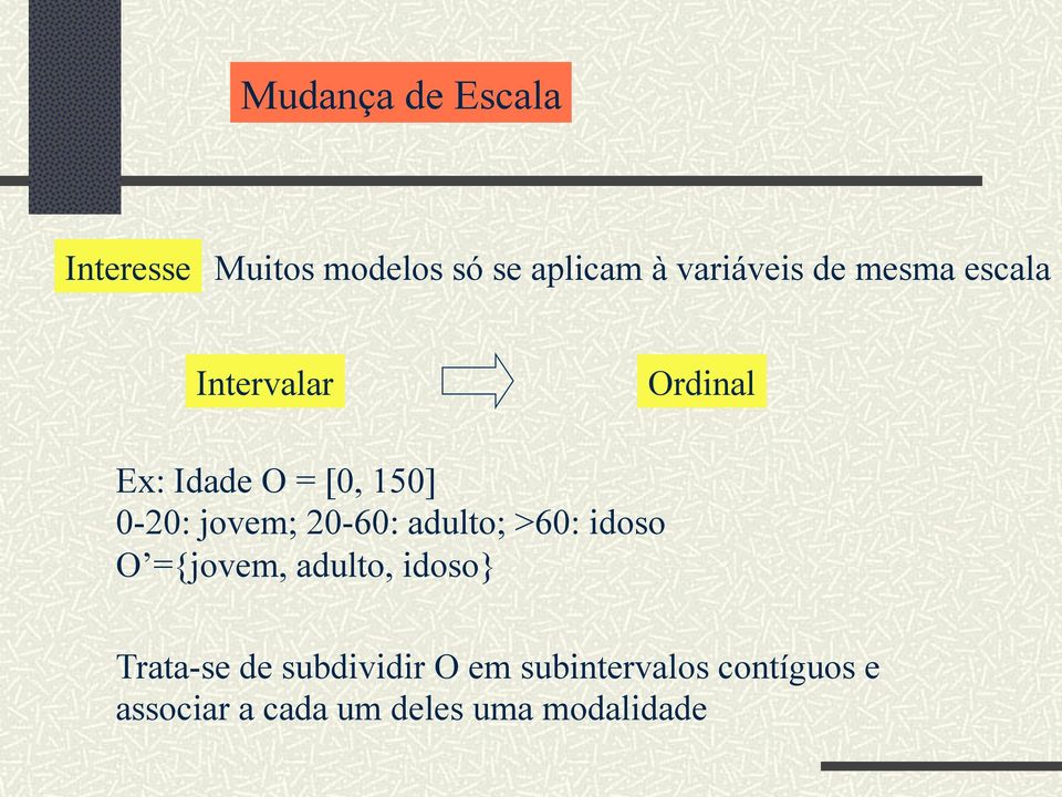 20-60: adulto; >60: idoso O ={jovem, adulto, idoso} Trata-se de