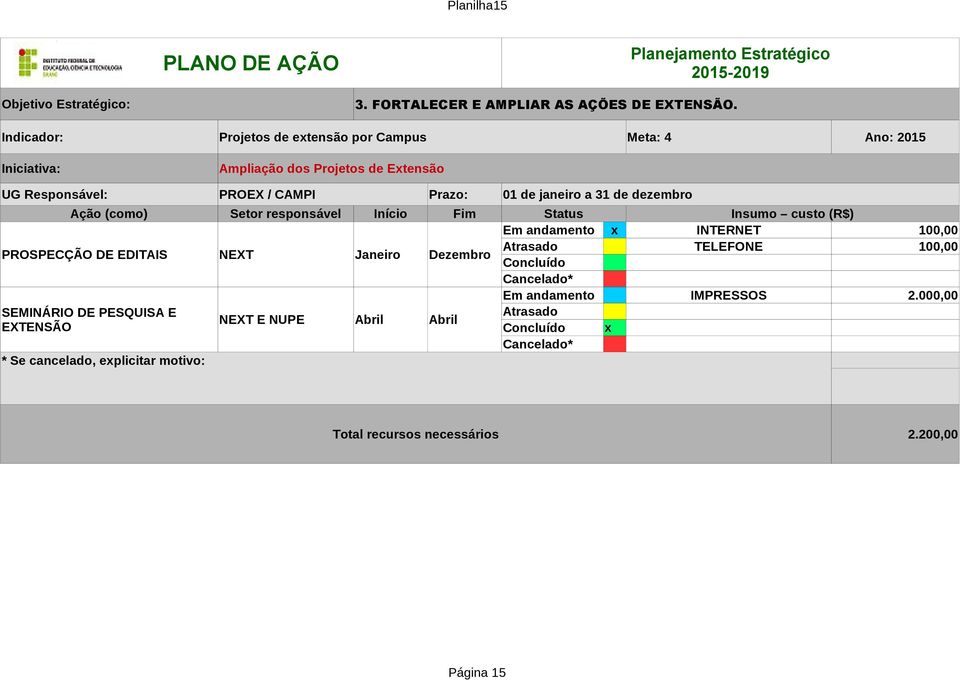 Responsável: PROEX / CAMPI Prazo: 01 de janeiro a 31 de dezembro x INTERNET 100,00 PROSPECÇÃO DE