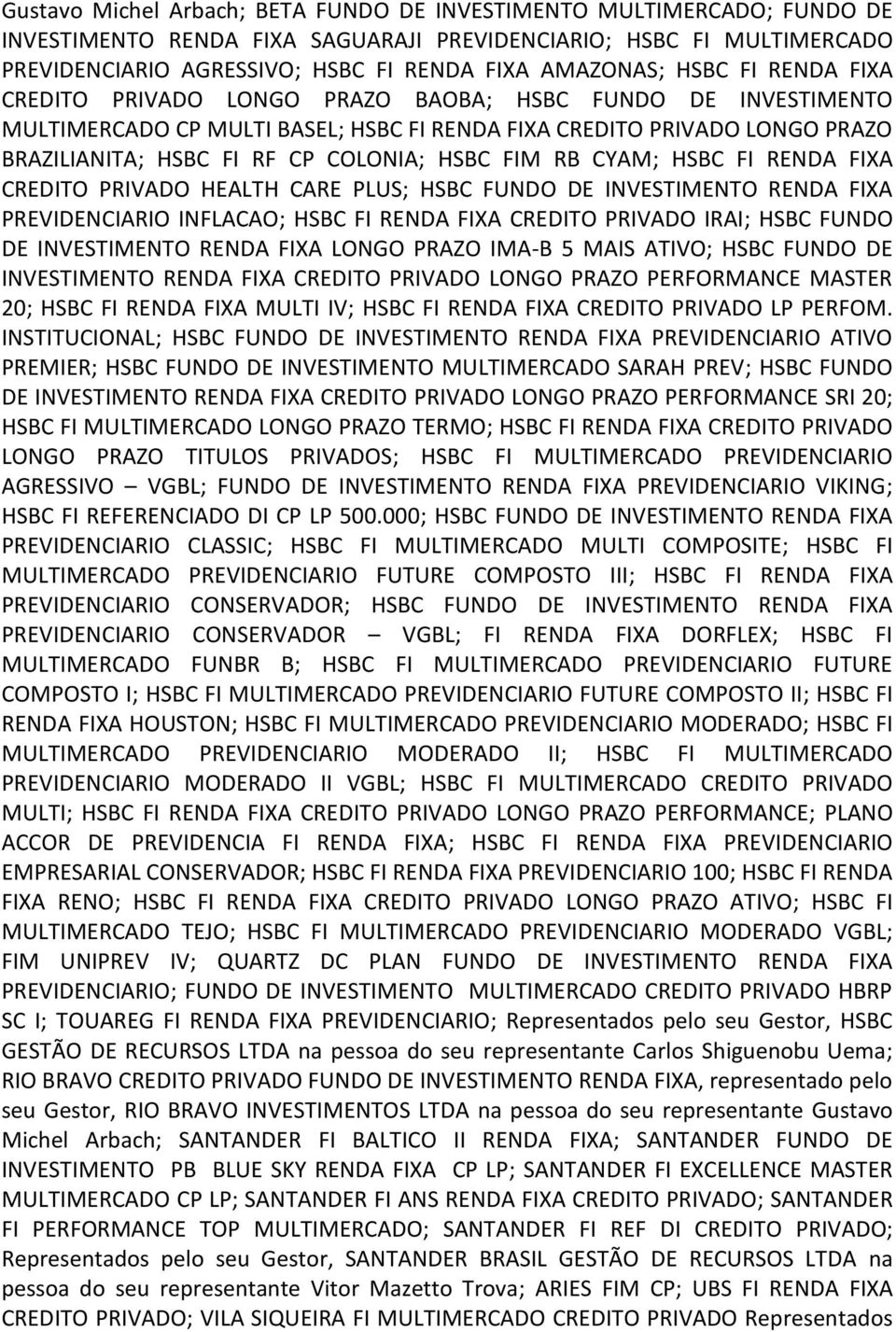 FIM RB CYAM; HSBC FI RENDA FIXA CREDITO PRIVADO HEALTH CARE PLUS; HSBC FUNDO DE INVESTIMENTO RENDA FIXA PREVIDENCIARIO INFLACAO; HSBC FI RENDA FIXA CREDITO PRIVADO IRAI; HSBC FUNDO DE INVESTIMENTO