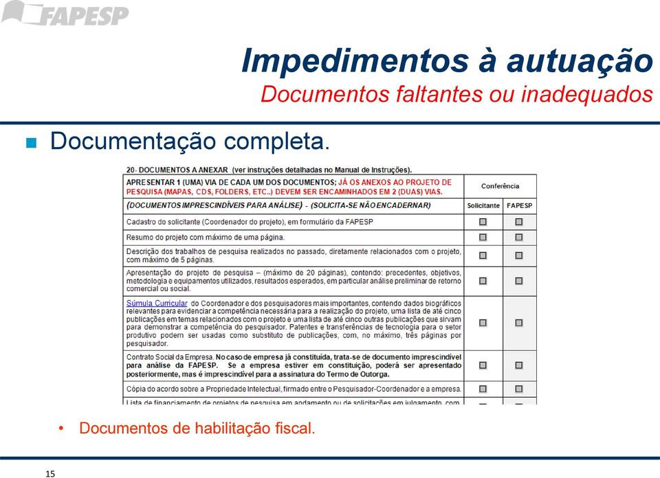 Documentos faltantes ou