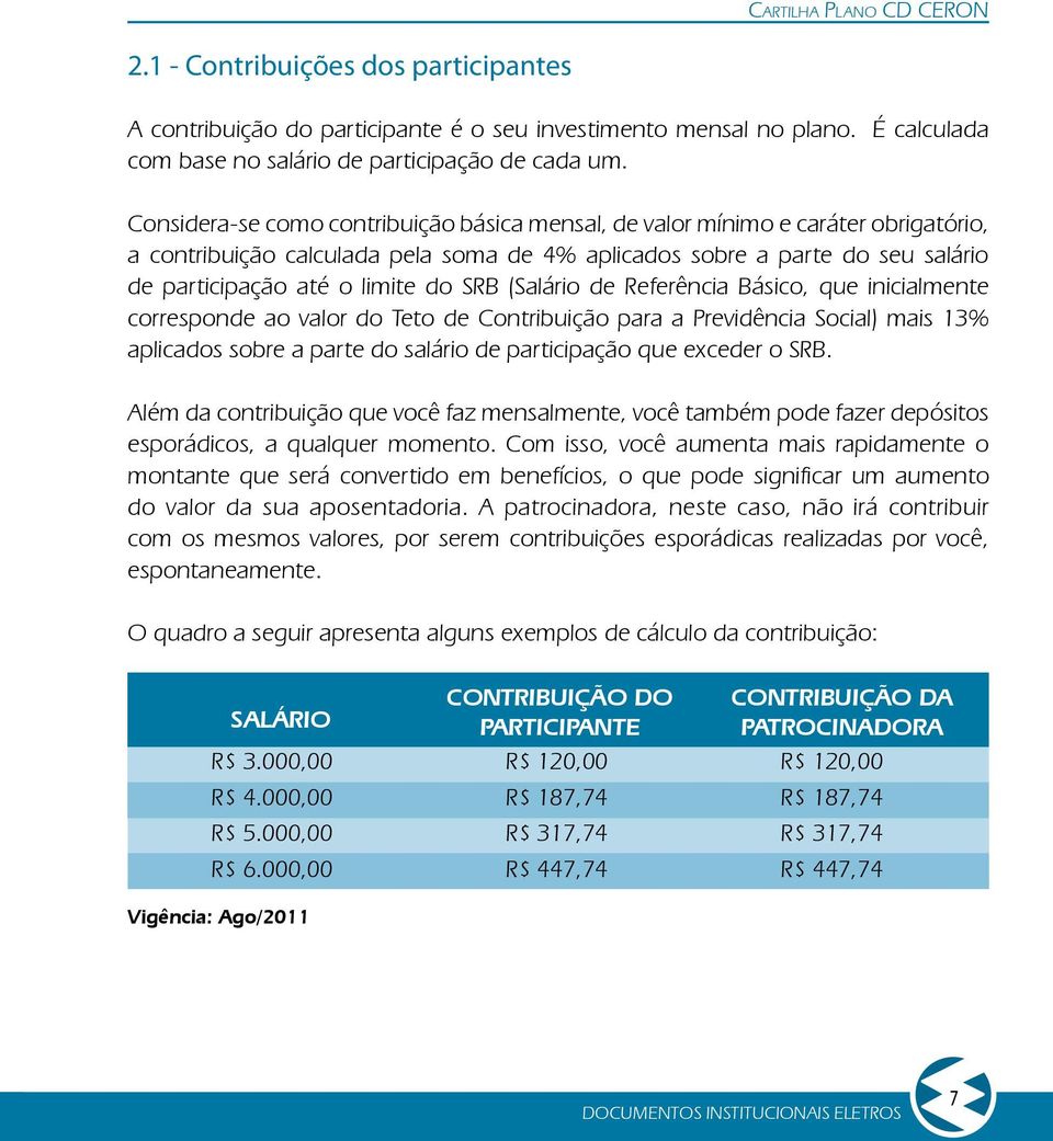 SRB (Salário de Referência Básico, que inicialmente corresponde ao valor do Teto de Contribuição para a Previdência Social) mais 13% aplicados sobre a parte do salário de participação que exceder o
