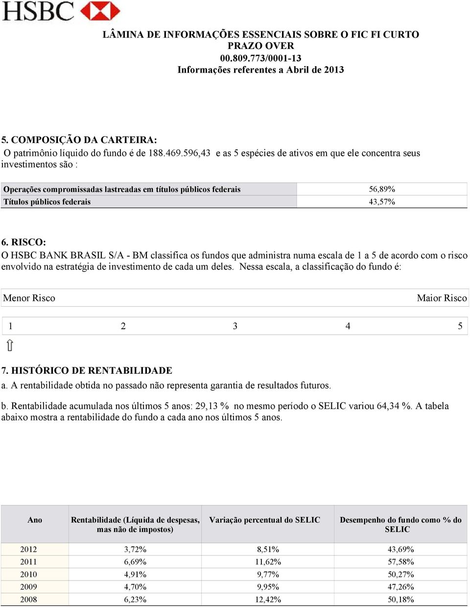 RISCO: O HSBC BANK BRASIL S/A - BM classifica os fundos que administra numa escala de 1 a 5 de acordo com o risco envolvido na estratégia de investimento de cada um deles.