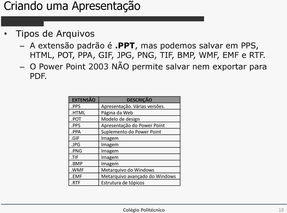 O Power Point 2003 NÃO permite salvar nem exportar para PDF. EXTENSÃO.PPS.HTML.POT.PPS.PPA.GIF.JPG.PNG.TIF.BMP.WMF.EMF.