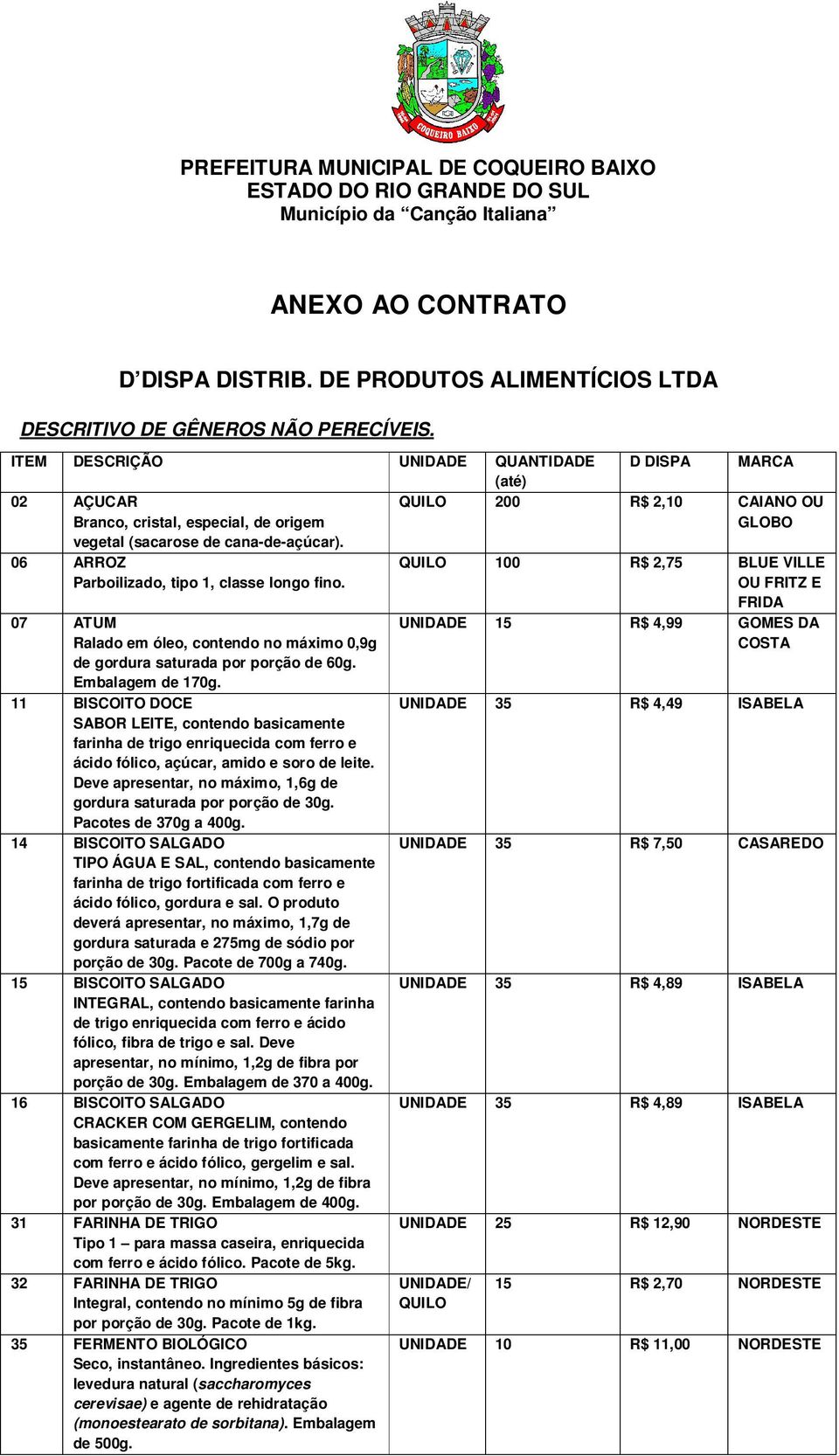 QUILO 200 R$ 2,10 CAIANO OU GLOBO 06 ARROZ Parboilizado, tipo 1, classe longo fino. 07 ATUM Ralado em óleo, contendo no máximo 0,9g de gordura saturada por porção de 60g. Embalagem de 170g.