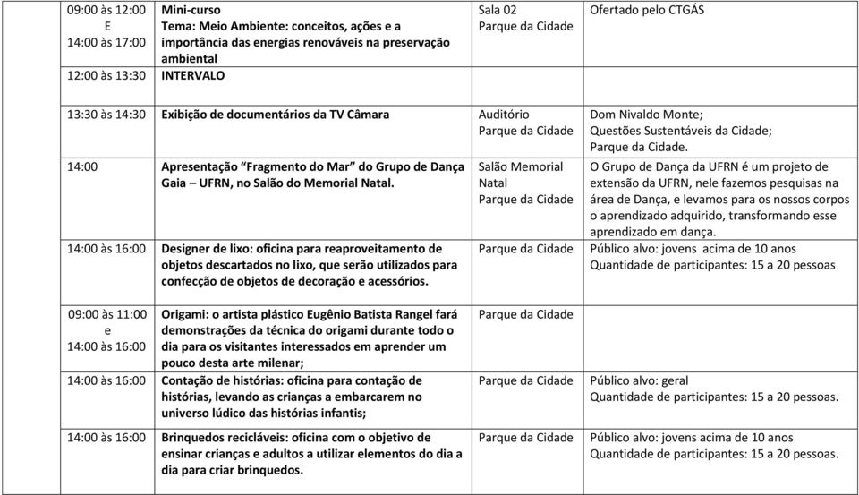 14:00 às 16:00 Designer de lixo: oficina para reaproveitamento de objetos descartados no lixo, que serão utilizados para confecção de objetos de decoração e acessórios.