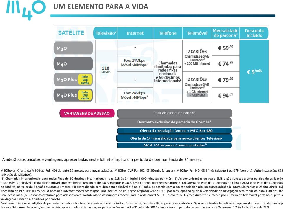 MEOBox DVR Full HD: 5,50/mês (aluguer); MEOBox Full HD: 3,5/mês (aluguer) ou 79 (compra); Auto-instalação: 25 (ativação da MEOBox).