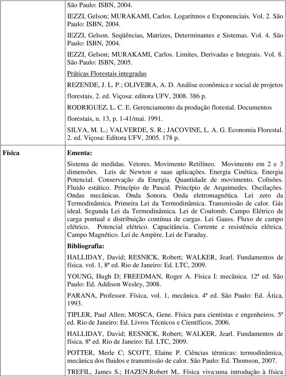 2. ed. Viçosa: editora UFV, 2008. 386 p. RODRIGUEZ, L. C. E. Gerenciamento da produção florestal. Documentos florestais, n. 13, p. 1-41/mai. 1991. SILVA, M. L.; VALVERDE, S. R.; JACOVINE, L. A. G. Economia Florestal.