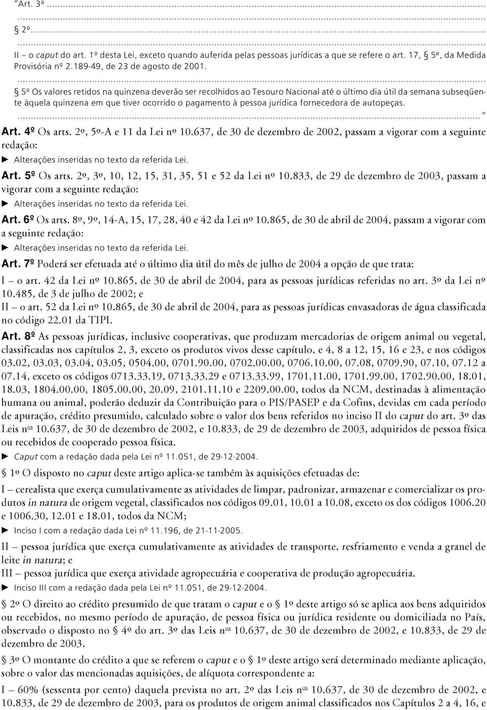 fornecedora de autopeças.... Art. 4º Os arts. 2º, 5º-A e 11 da Lei nº 10.637, de 30 de dezembro de 2002, passam a vigorar com a seguinte redação: Art. 5º Os arts.