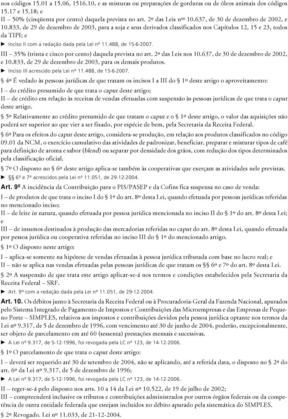 833, de 29 de dezembro de 2003, para a soja e seus derivados classificados nos Capítulos 12, 15 e 23, todos da TIPI; e c Inciso II com a redação dada pela Lei nº 11.488, de 15-6-2007.