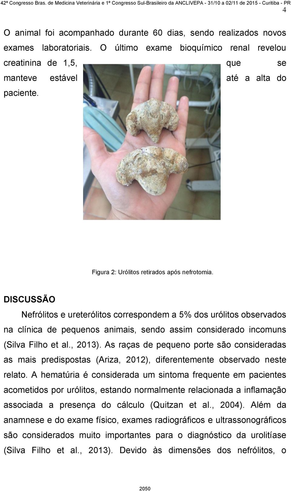 DISCUSSÃO Nefrólitos e ureterólitos correspondem a 5% dos urólitos observados na clínica de pequenos animais, sendo assim considerado incomuns (Silva Filho et al., 2013).