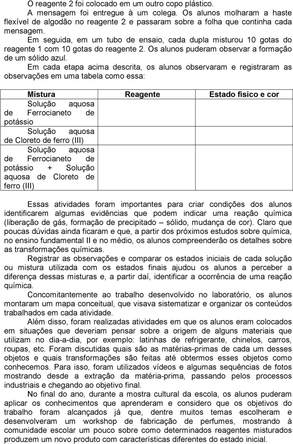 Em seguida, em um tubo de ensaio, cada dupla misturou 10 gotas do reagente 1 com 10 gotas do reagente 2. Os alunos puderam observar a formação de um sólido azul.